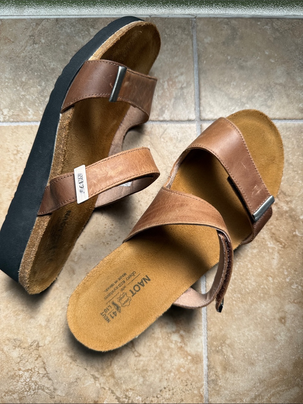 Naot Jacey Slide Sandals Double Strap Hook & Loop Adjustable Sz 41 US 10 Leather
